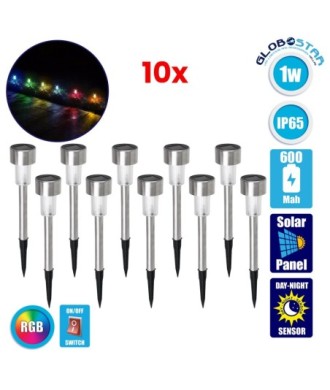 GloboStar® 71522-10 ΣΕΤ 10 Τεμαχίων Αυτόνομα Ηλιακά Φωτιστικά LED SMD 1W 90lm με Ενσωματωμένη Μπαταρία 600mAh - Φωτοβολταϊκό Πάνελ με Αισθητήρα Ημέρας-Νύχτας Αδιάβροχο IP65 Φανάρι Κήπου Στρογγυλό Πολύχρωμο RGB